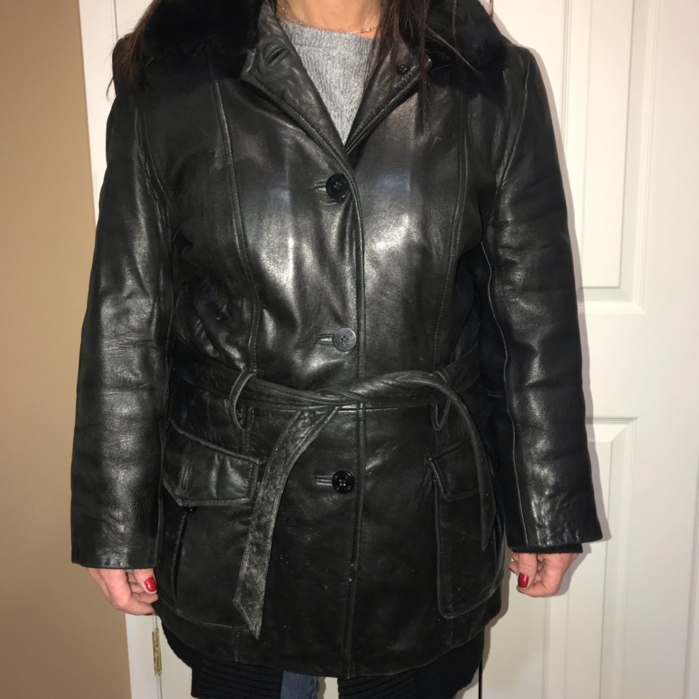 Black leather coat lined with faux fur